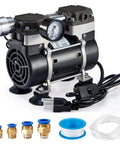 High Efficiency Oilless Vacuum Pump With Fifty Liters Per Minute Capacity And Simple On Off Switch Quiet Aluminum Silencer Vacuum Gauge Four Connectors