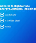 Text showing adhesion to aluminum, stainless steel, glass with check marks on blue background.