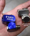 Comparison of High Flow 3-Way Air Swivel 3SB40 with standard swivel in hand, both showing 360 degree motion design and connections.