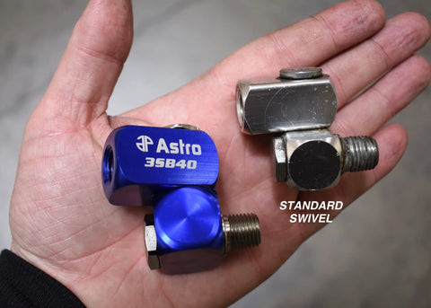 Comparison of High Flow 3-Way Air Swivel 3SB40 with standard swivel in hand, both showing 360 degree motion design and connections.