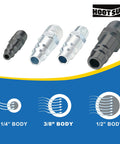 3/8 Inch High Flow Air Hose Quick Connect Fittings Kit With 3/8 And 1/4 Inch NPT Threads Couplers visible with airflow symbols