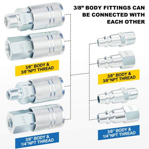 3/8 Inch High Flow Air Hose Quick Connect Fittings Kit With 3/8 And 1/4 Inch NPT Threads Couplers And Plugs Industrial Type 24Pc Set For Air Compressors Delivers Up To 70 Percent More Air Flow For Faster Tool Performance.