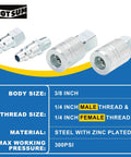 3/8 Inch High Flow Air Hose Quick Connect Fittings Kit With 3/8 And 1/4 Inch NPT Threads Couplers And Plugs Industrial Type