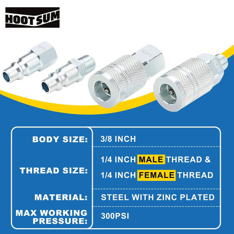 3/8 Inch High Flow Air Hose Quick Connect Fittings Kit With 3/8 And 1/4 Inch NPT Threads Couplers And Plugs Industrial Type