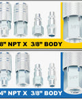 3/8 Inch High Flow Air Hose Quick Connect Fittings Kit With 3/8 And 1/4 Inch NPT Threads Couplers And Plugs Industrial Type
