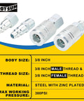 3/8 Inch High Flow Air Hose Quick Connect Fittings Kit With 3/8 And 1/4 Inch NPT Threads Couplers And Plugs Industrial Type 24Pc Set For Air Compressors Delivers Up To 70 Percent More Air Flow For Faster Tool Performance, showcasing zinc-plated steel male and female connectors, 3/8 inch body size, and 300 PSI capacity.