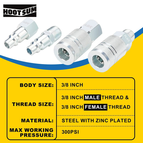 3/8 Inch High Flow Air Hose Quick Connect Fittings Kit With 3/8 And 1/4 Inch NPT Threads Couplers And Plugs Industrial Type 24Pc Set For Air Compressors Delivers Up To 70 Percent More Air Flow For Faster Tool Performance, showcasing zinc-plated steel male and female connectors, 3/8 inch body size, and 300 PSI capacity.