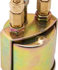 Close-up of brass solenoid from Three Eighth Inch NPT Air Ride Suspension High Flow Air Valves and Solenoids Kit for Four Corner Systems.
