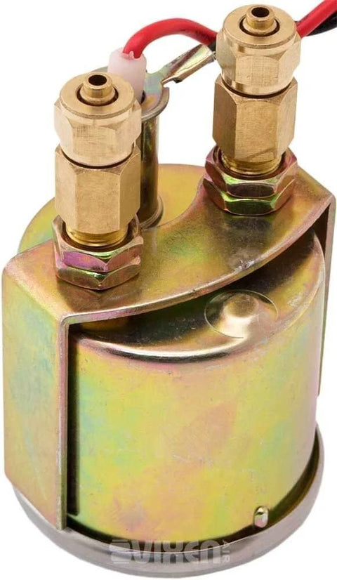 Close-up of brass solenoid from Three Eighth Inch NPT Air Ride Suspension High Flow Air Valves and Solenoids Kit for Four Corner Systems.
