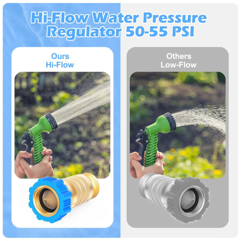 Comparison of high flow RV water pressure regulator 50-55 psi, brass inline reducer, safe for campers, trailers, and motorhomes.