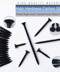 High Hardness Drywall Screws Assortment Kit 166 Pieces Coarse Thread Phillips Drive Black Wood Screws on white background