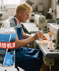 Man using high heat multi purpose machine oil for commercial and home use on sewing machine