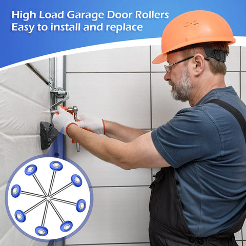 Technician installing 12 pcs nylon garage door rollers 1.8 inch replacement wheels for 2 inch track with 7 inch extended stem