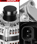 Detailed view of 3.6L V6 High Output Alternator Replacement 180Amp for Dodge Durango Challenger with visible connectors and design features.