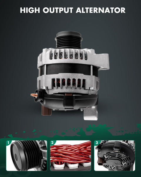 High Output 160 Amp 12V Alternator Replacement For Dodge Grand Caravan Town And Country Voyager 2001-2007 3.3L 3.8L With 6 Groove Pulley 13870N 421000-0021 421000-0023, front and details