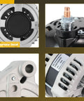Detailed views of 11570N 04801624AD Alternator Replacement for Dodge and Chrysler vehicles, highlighting 160A high-output features