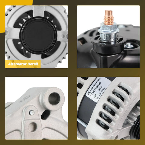 Detailed views of 11570N 04801624AD Alternator Replacement for Dodge and Chrysler vehicles, highlighting 160A high-output features