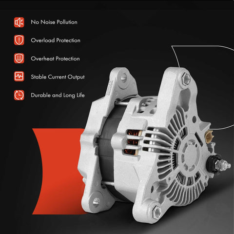 Beefed-Up 12V 180A Alternator For Dodge Ram Trucks 2010-2023, showing side view with 6-groove pulley and protective features.