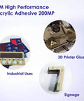 Double Sided Adhesive Transfer Tape For 3D Printing Build Plates, 468MP Game Changing Bond, images show 3D printer glue and industrial uses.