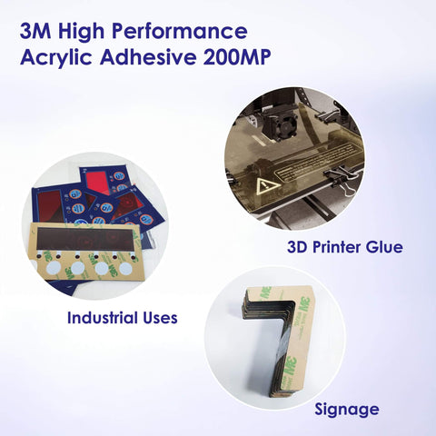 Double Sided Adhesive Transfer Tape For 3D Printing Build Plates, 468MP Game Changing Bond, images show 3D printer glue and industrial uses.