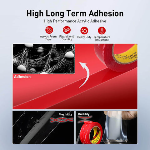 Close-up of Heavy Duty Double Sided Foam Mounting Tape 1/2 Inch By 13.8 Feet Clear Waterproof Adhesive on red surface, showing adhesion.