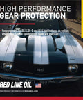 Classic car with 'Red Line MT 90 75W 90 GL 4 Manual Transmission And Transaxle Lubricant MTL Two Pack' branding displayed.