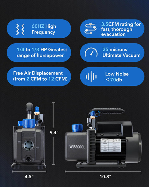 High Performance 3.5 CFM Vacuum Pump for HVAC Systems with 1/4 HP 110V, side view showing dimensions and key features on display