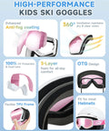 High-performance kids ski goggles with anti-fog UV400 protection, flexible TPU frame, and 3-layer foam for comfort, suitable for helmets.