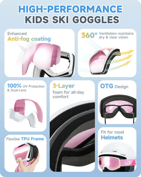 High-performance kids ski goggles with anti-fog UV400 protection, flexible TPU frame, and 3-layer foam for comfort, suitable for helmets.