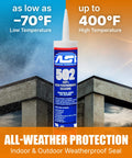 Tube of industrial grade silicone sealant with all-weather protection features, showing low and high temperature endurance.