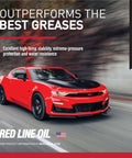 Red sports car promoting High Performance CV2 Synthetic Grease Cartridge With Red Moly For Wheel Bearings U Joints And CV Joints 14 Ounce Tube.