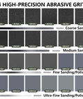 Chart showing 24 high-precision abrasive grits for coarse to ultra-fine sanding, including 120 to 2000 grit for various materials.