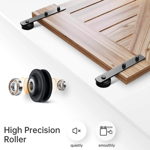 14 FT Heavy Duty Sliding Barn Door Hardware Track Kit with Straight Pulley and smooth ball bearing rollers, steel construction.
