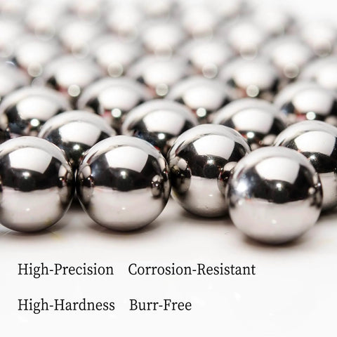 Close-up of high-precision, corrosion-resistant steel balls, reflecting light. High-hardness and burr-free surfaces visible.