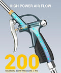 Extendable air blow gun with a 19 to 28 inch nozzle, all metal body and rubber grip, shown with 200 PSI rating.