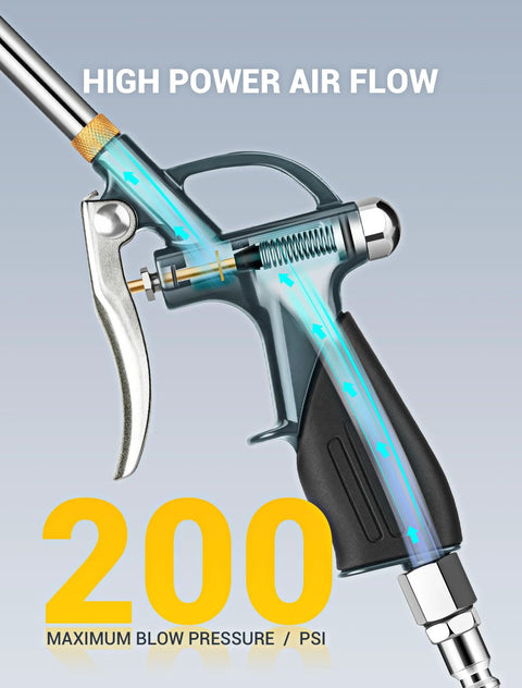 Extendable air blow gun with a 19 to 28 inch nozzle, all metal body and rubber grip, shown with 200 PSI rating.