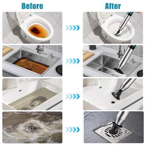 Before and after clogs clear in toilets, sinks, tubs, and drains using High Pressure Air Drain Blaster Toilet Plunger For Clogs Quickly Clears