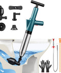High Pressure Air Drain Blaster Toilet Plunger for clogs, shown with accessories and installation illustration, durable stainless steel.