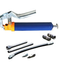 One Handed 120cc High Pressure Grease Gun for Precise Lubrication, bright yellow and blue, with accessories for heavy duty machines.