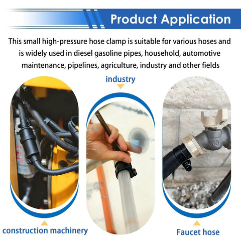 Installation of 32 Piece Black Fuel Line Clamps Set for Fuel Injection Hose Clamps showing use in machinery, industry, and faucet hose.