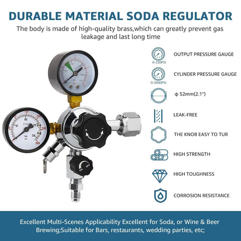 High Pressure CO2 Keg Regulator With Dual Gauges for Home Kegerator Setup, showing durable brass construction and pressure gauge details.