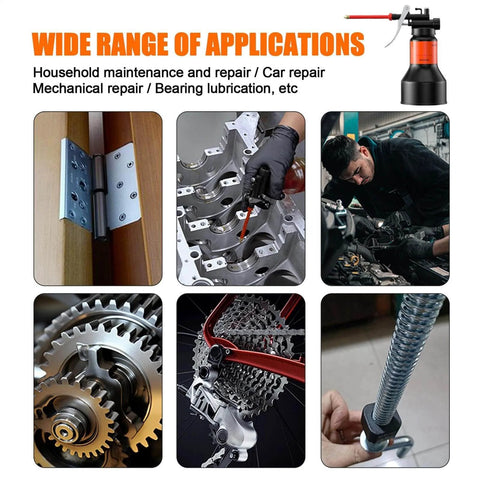 Collage showing uses of 350ml Hand Pump Oiler Can With Straight Spout High Pressure Lubrication Dispenser for various repairs.