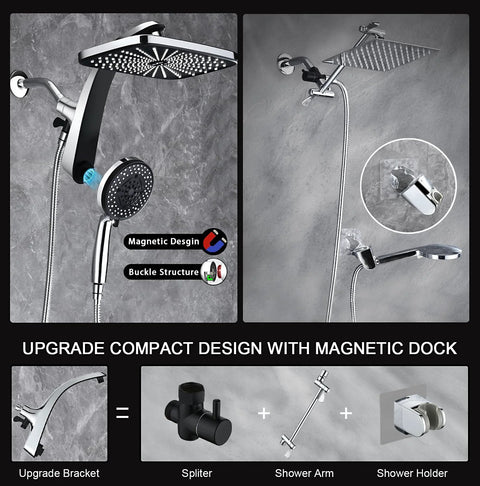 High Pressure Rain Shower Head With Magnetic Detachable Handheld Combo, showing magnetic docking and shower components.