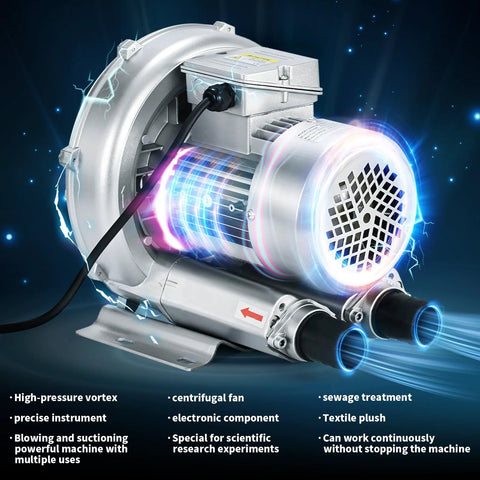 High-pressure regenerative blower delivers reliable, continuous air for sewage aeration, aquariums, and ponds, offering 110V