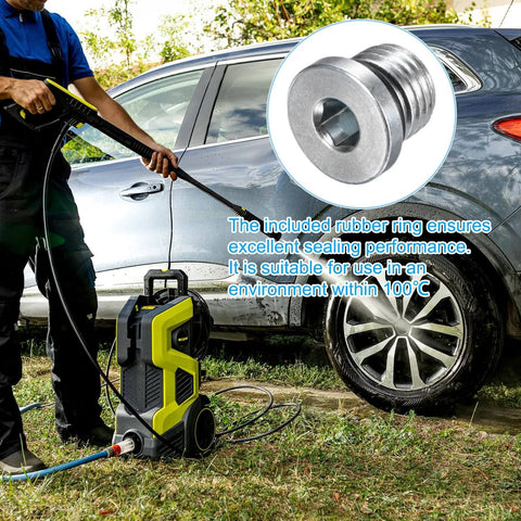 Person using high pressure washer with focus on 6 Pack 7/16-20 UNF Inner Hex Head Pipe Plug, Carbon Steel Socket Fitting with O Ring Seal