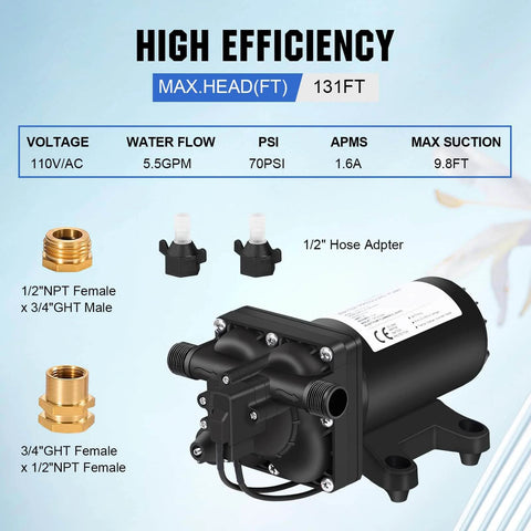 ECO-WORTHY 110V AC Fresh Transfer Diaphragm Water Pump On Demand 5.5GPM 70PSI High Pressure Water Booster Pump with adapters