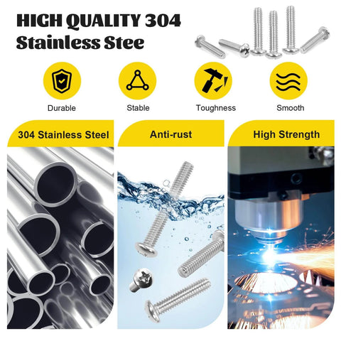 115 Pcs #8-32 Machine Screws Assortment Kit with Phillips Pan Head 304 Stainless Steel Screws highlighted with durability features.