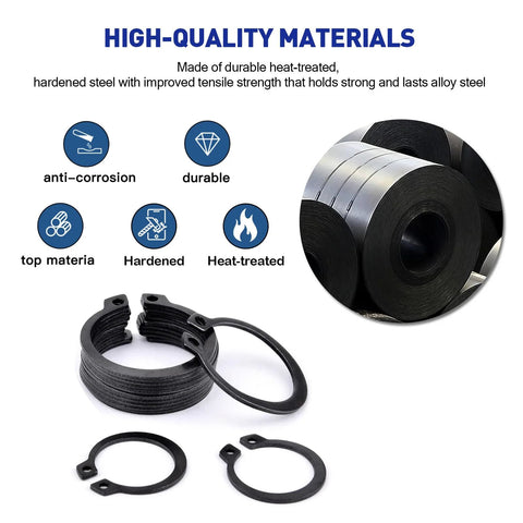Close-up of heat-treated alloy steel snap rings from External Circlip Snap Ring Kit 500 Pcs, showcasing durability and corrosion resistance.
