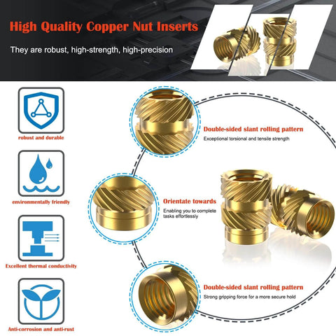 Image of high-quality copper nut inserts with double-sided slant rolling pattern, part of the 400Pcs Threaded Inserts, M2 M2.5 M3 M4 M5 M6 Assortment Kit.