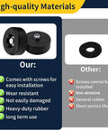 Comparison of high-quality heavy-duty rubber wheel and inferior rubber material with installation screws and benefits highlighted.